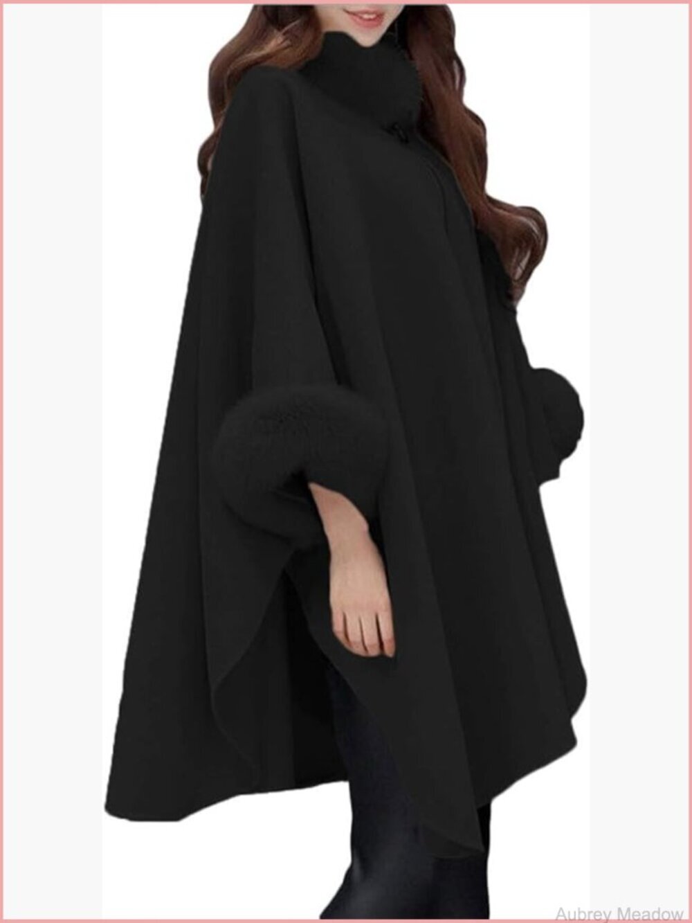 Warm Faux Fur Shawl Collar Wool Blend Cape Coat
